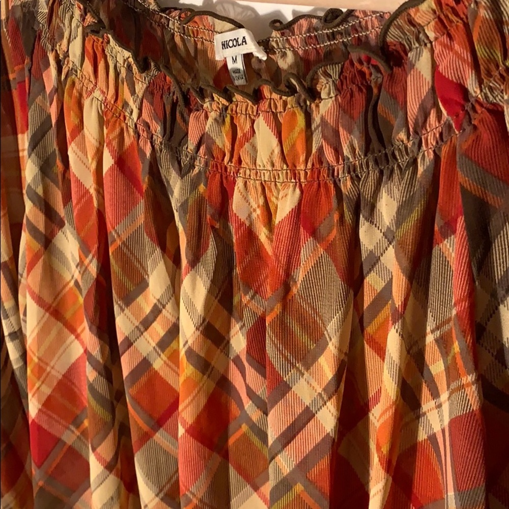 Sheer Ruched Neck Plaid Blouse - Picture 4 of 4